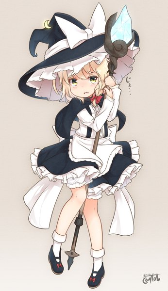 Anime picture 1682x2920 with touhou kirisame marisa coreytaiyo single tall image looking at viewer short hair simple background blonde hair standing signed yellow eyes full body braid (braids) long sleeves parted lips dated side braid frilly skirt alternate age