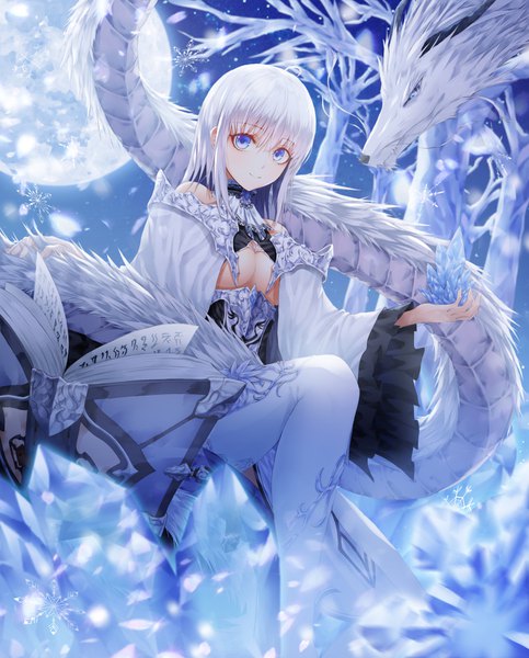 Anime picture 1290x1600 with dungeon and fighter dlwhdals901 single long hair tall image looking at viewer fringe breasts blue eyes light erotic smile hair between eyes sitting bare shoulders payot cleavage ahoge outdoors white hair multicolored hair