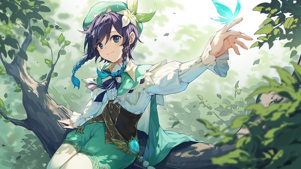 Anime picture 1600x900 with genshin impact venti (genshin impact) crystalfly (genshin impact) panpanmeiyou hp single looking at viewer fringe short hair wide image sitting blue hair braid (braids) aqua eyes light smile twin braids outstretched arm butterfly on hand tree sitting boy plant (plants)