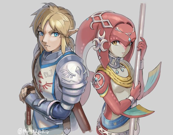 Anime picture 1920x1500 with the legend of zelda the legend of zelda: breath of the wild nintendo link mipha saburou (jako) long hair highres blue eyes simple background blonde hair standing signed yellow eyes upper body pointy ears grey background twitter username monster girl girl