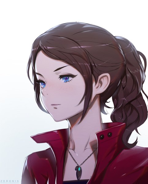 Anime picture 1250x1550 with resident evil claire redfield paul (shiramune) single long hair tall image blue eyes simple background brown hair white background signed payot looking away ponytail girl jacket pendant
