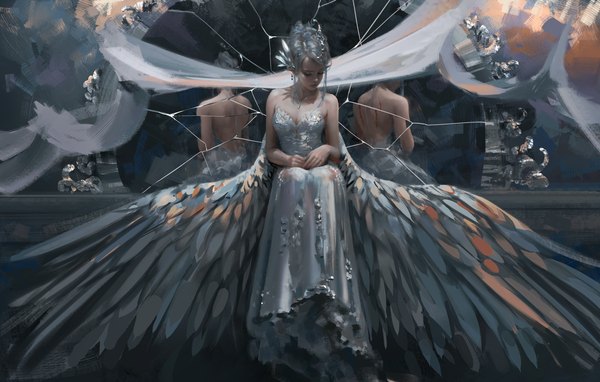 Anime picture 9000x5730 with ghost blade yan (ghost blade) wlop single fringe highres short hair breasts sitting absurdres cleavage silver hair full body eyes closed reflection broken glass crack different reflection girl dress