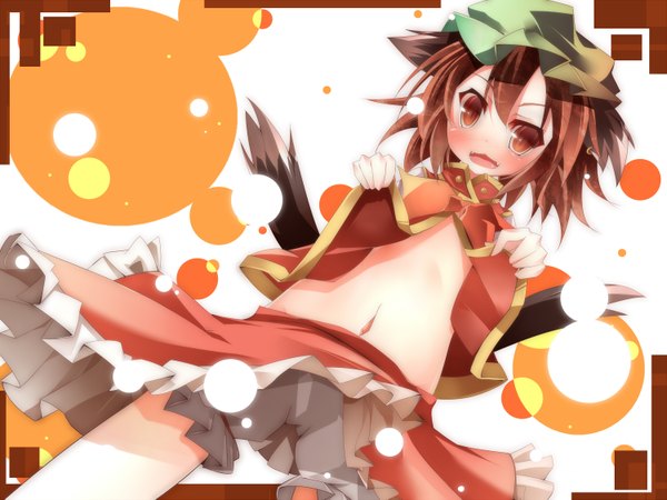 Anime picture 1500x1125 with touhou chen daidai ookami single blush short hair open mouth light erotic red eyes brown hair animal ears cat ears teeth cat tail fang (fangs) girl skirt navel frills bonnet