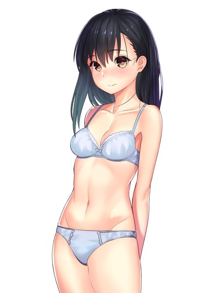 Anime picture 1276x1805 with original kagematsuri single long hair tall image blush fringe breasts light erotic black hair simple background hair between eyes white background bare shoulders brown eyes looking away underwear only groin hands behind back girl