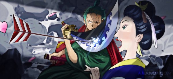 Anime picture 3354x1536 with one piece toei animation roronoa zoro o-tsuru (one piece) amanomoon blush highres short hair open mouth blue eyes black hair wide image standing holding green eyes signed looking away traditional clothes japanese clothes profile