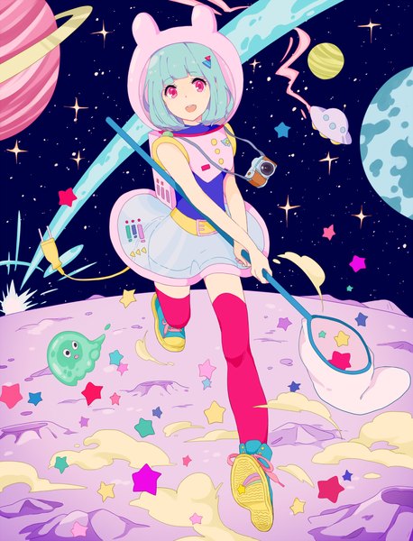 Anime picture 1145x1500 with original kise (swimmt) single tall image looking at viewer fringe short hair open mouth blue hair pink eyes sleeveless space running girl thighhighs dress star (symbol) star (stars) wire (wires) sneakers