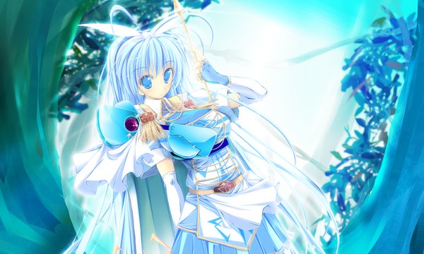 Anime picture 1000x600 with original kuon itsuki single long hair looking at viewer blue eyes wide image blue hair girl dress gloves bow hair bow elbow gloves