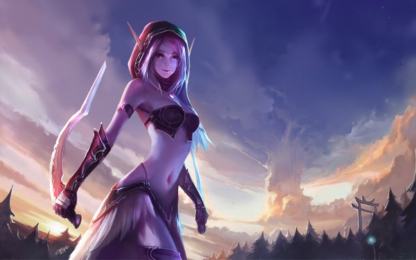 Anime picture 1280x800 with world of warcraft blizzard entertainment chenbo single wide image sky purple hair cloud (clouds) pointy ears realistic wallpaper magic elf purple skin girl navel weapon tree (trees) bracelet armor