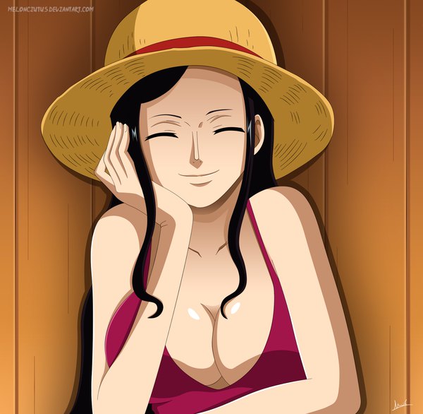 Anime picture 2000x1956 with one piece toei animation nico robin melonciutus single long hair highres breasts light erotic black hair smile large breasts sitting bare shoulders signed payot cleavage upper body eyes closed sleeveless