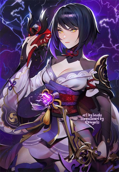 Anime picture 1000x1440 with genshin impact raiden shogun kujou sara lavelis single tall image looking at viewer short hair breasts light erotic black hair holding yellow eyes cleavage traditional clothes japanese clothes cosplay electricity raiden shogun (cosplay) girl