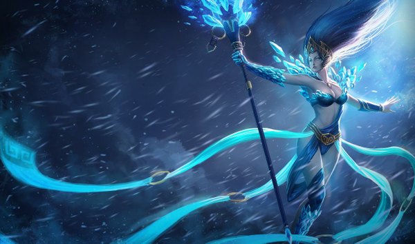Anime picture 1215x717 with league of legends janna windforce single long hair blue eyes wide image blue hair pointy ears midriff magic pale skin girl dress gloves belt staff tiara blue dress ice