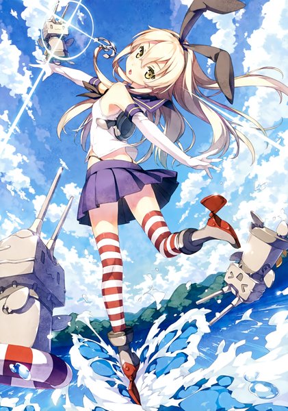 Anime picture 2107x3000 with kantai collection shimakaze destroyer rensouhou-chan kantoku single long hair tall image looking at viewer highres open mouth yellow eyes sky cloud (clouds) full body white hair scan girl thighhighs skirt gloves