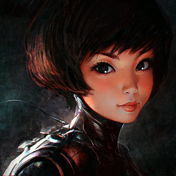 Anime picture 900x900 with ilya kuvshinov single looking at viewer fringe short hair simple background red eyes brown hair light smile lips black eyes portrait dark background close-up girl armor bodysuit wire (wires)
