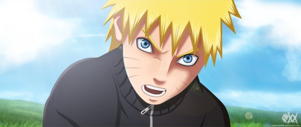 Anime picture 1728x732 with naruto studio pierrot naruto (series) uzumaki naruto inferno2446 single highres short hair open mouth blue eyes blonde hair wide image sky cloud (clouds) sunlight coloring facial mark portrait whisker markings angry