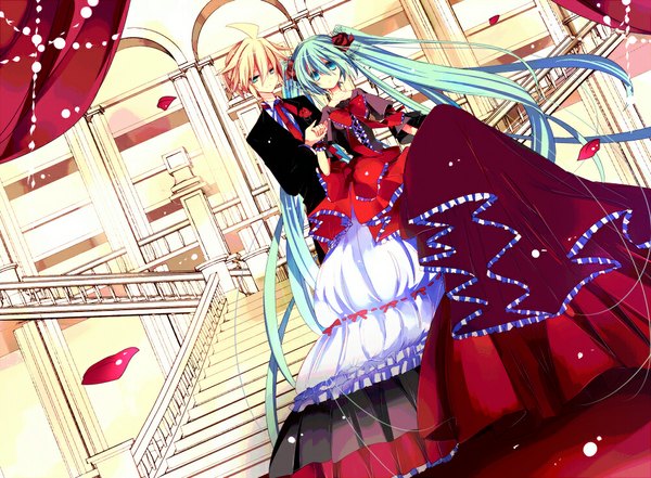 Anime picture 1000x735 with vocaloid hatsune miku kagamine len short hair light erotic blonde hair twintails green eyes very long hair hair flower green hair holding hands girl dress boy hair ornament flower (flowers) necktie suit stairs