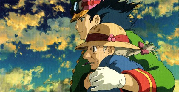 Anime picture 1616x836 with howl's moving castle studio ghibli howl sophie hatter black hair wide image sky cloud (clouds) scan hug scenic old woman boy gloves hat