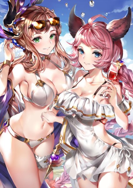 Anime picture 1000x1413 with granblue fantasy song (granblue fantasy) tien (granblue fantasy) hinahino long hair tall image looking at viewer blush fringe breasts blue eyes light erotic smile brown hair large breasts standing bare shoulders multiple girls holding green eyes