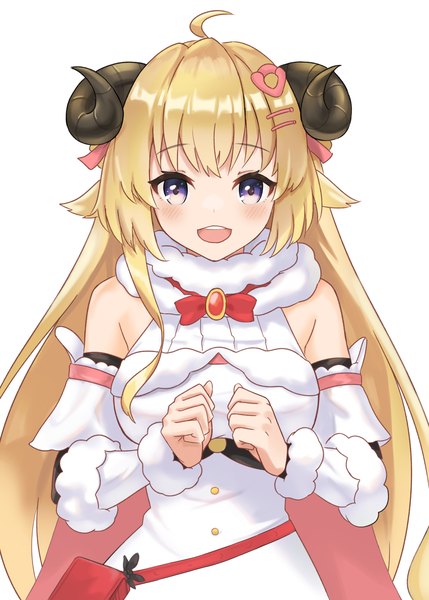 Anime picture 2590x3624 with virtual youtuber hololive tsunomaki watame tsunomaki watame (1st costume) jiu fanglianhua single long hair tall image looking at viewer blush highres open mouth simple background blonde hair white background purple eyes upper body ahoge :d horn (horns)