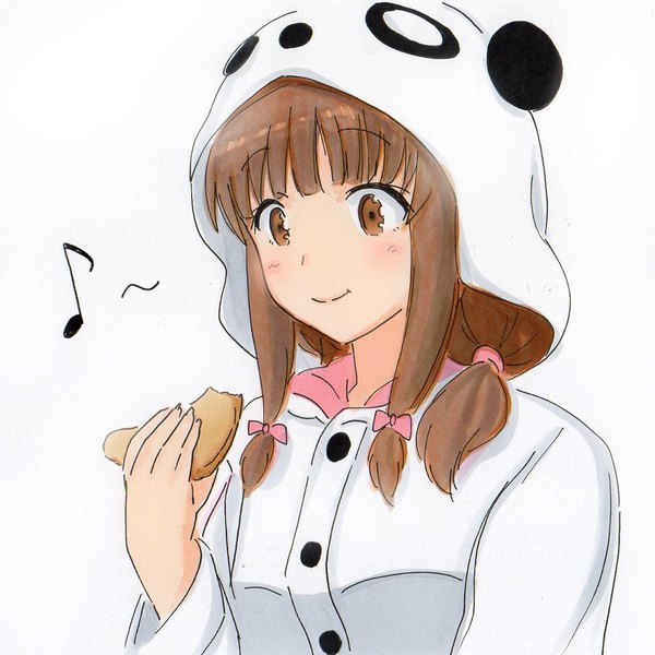 Anime picture 1144x1144 with seishun buta yarou cloverworks azusagawa kaede potekichi (potekite) single long hair blush fringe simple background smile brown hair white background holding brown eyes payot looking away long sleeves tress ribbon traditional media animal hood