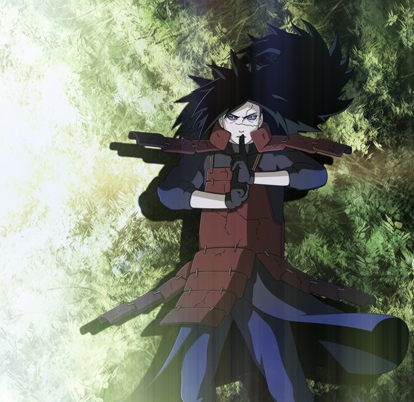 Anime picture 1911x1859 with naruto studio pierrot naruto (series) uchiha madara anvmadara single long hair highres black hair purple eyes wind coloring rinnegan crack boy gloves black gloves armor spaulder (spaulders)