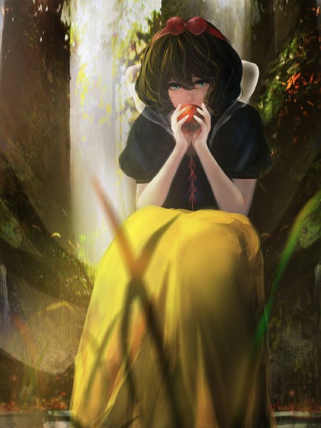 Anime picture 750x1000 with snow white and the seven dwarfs snow white otsumami (bu-bu-heaven) single tall image looking at viewer fringe short hair black hair hair between eyes sitting holding green eyes short sleeves girl tree (trees) hairband fruit forest apple