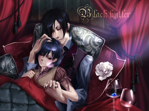 Anime picture 1070x800 with kuroshitsuji a-1 pictures sebastian michaelis ciel phantomhive helllya short hair red eyes blue hair lying eyes closed nail polish multiple boys holding hands shounen ai boy flower (flowers) earrings pillow rose (roses) bed