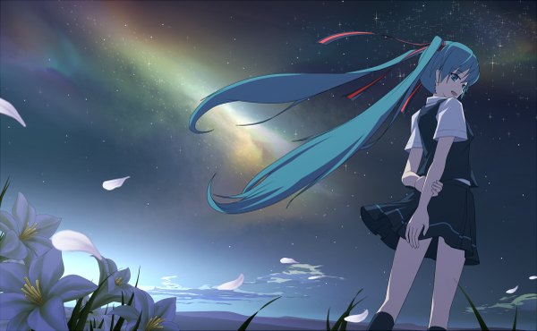 Anime picture 1200x741 with vocaloid hatsune miku eto single long hair open mouth wide image twintails sky looking back aqua eyes from behind aqua hair night sky scenic girl flower (flowers) ribbon (ribbons) petals star (stars)