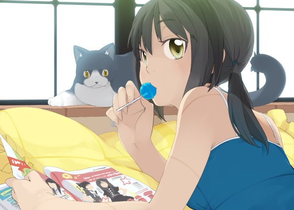 Anime picture 1200x860 with original kusano houki black hair bare shoulders green eyes looking back girl animal food window sweets pillow cat candy lollipop magazine