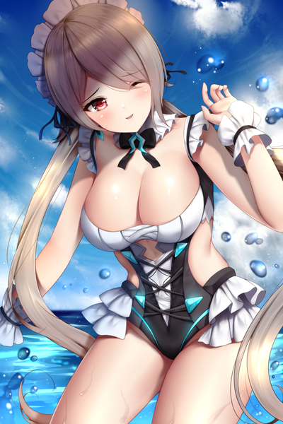 Anime picture 2400x3600 with honkai impact 3rd honkai (series) rita rossweisse rita rossweisse (icy sea spray) wsman single long hair tall image looking at viewer blush fringe highres breasts open mouth light erotic smile red eyes large breasts standing twintails