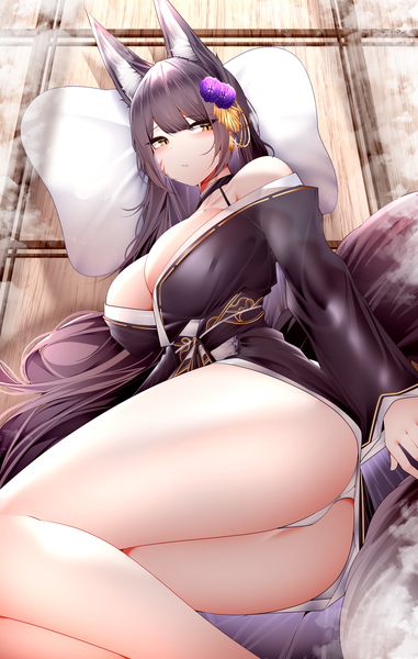 Anime picture 3709x5835 with azur lane musashi (azur lane) samip single long hair tall image blush fringe highres breasts light erotic black hair large breasts animal ears yellow eyes looking away absurdres cleavage bent knee (knees) ass