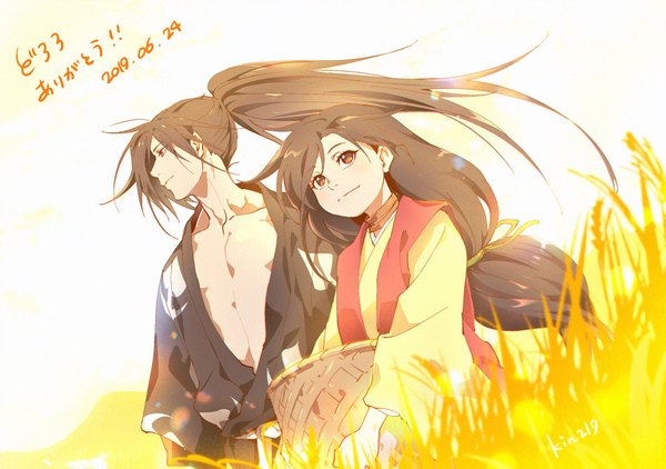 Anime picture 1900x1339 with dororo (tezuka) hyakkimaru (dororo) dororo (character) kon (kin219) long hair highres black hair holding brown eyes signed outdoors ponytail traditional clothes japanese clothes profile light smile wind dutch angle copyright name twitter username