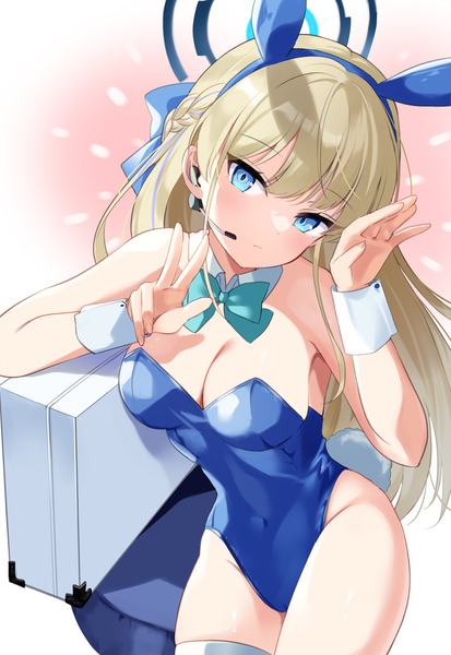 Anime picture 1835x2665 with blue archive toki (blue archive) toki (bunny) (blue archive) tsukimiya sara single long hair tall image looking at viewer blush fringe highres breasts blue eyes light erotic simple background blonde hair large breasts standing bare shoulders animal ears