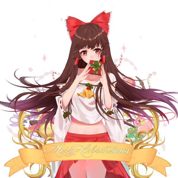 Anime picture 4000x4000 with touhou hakurei reimu xtears kitsune single long hair looking at viewer fringe highres simple background brown hair standing white background holding brown eyes payot absurdres pleated skirt sparkle midriff christmas