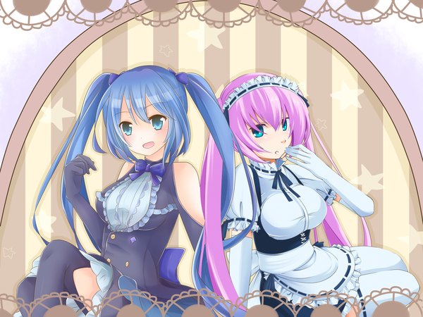 Anime picture 1800x1350 with vocaloid hatsune miku hayagiri ponko (artist) long hair blush highres open mouth blue eyes twintails multiple girls blue hair pink hair maid girl thighhighs dress gloves black thighhighs 2 girls
