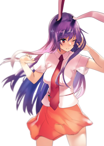 Anime picture 752x1062 with touhou reisen udongein inaba asuzemu single long hair tall image simple background red eyes standing white background animal ears looking away purple hair short sleeves bunny ears girl skirt miniskirt necktie orange skirt