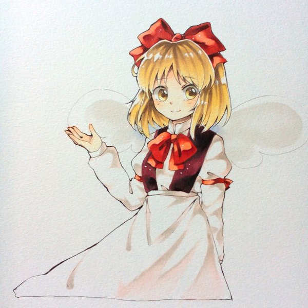 Anime picture 1280x1280 with touhou gengetsu sasa kichi single looking at viewer blush short hair simple background blonde hair smile yellow eyes long sleeves traditional clothes japanese clothes puffy sleeves traditional media marker (medium) girl dress bow