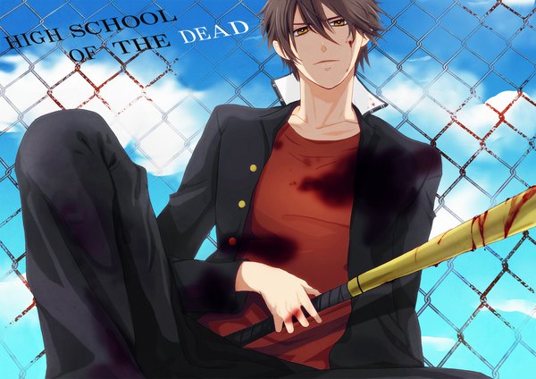 Anime picture 1169x827 with highschool of the dead madhouse komuro takashi novue (artist) single yellow eyes boy uniform school uniform blood baseball bat