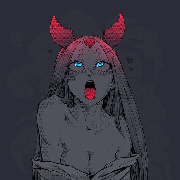 Anime picture 1500x1500 with naruto studio pierrot naruto (series) ootsutsuki kaguya tagme (artist) single long hair blush breasts open mouth blue eyes light erotic simple background payot horn (horns) off shoulder no bra tattoo monochrome looking up