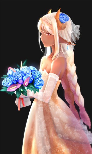 Anime picture 1800x2987 with original niseoto single long hair tall image blush highres simple background blonde hair red eyes bare shoulders braid (braids) hair flower horn (horns) pointy ears twin braids black background girl dress gloves