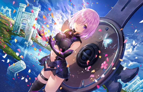 Anime-Bild 1178x764 mit fate (series) fate/grand order mash kyrielight fuzichoco single looking at viewer blush fringe short hair breasts open mouth light erotic standing purple eyes pink hair sky cloud (clouds) outdoors light smile wind