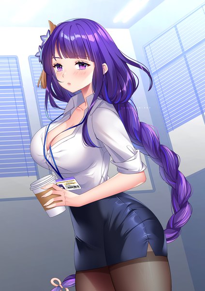 Anime picture 1500x2121 with genshin impact raiden shogun banglinh1997 single long hair tall image looking at viewer blush fringe breasts light erotic large breasts standing purple eyes holding signed payot cleavage purple hair indoors