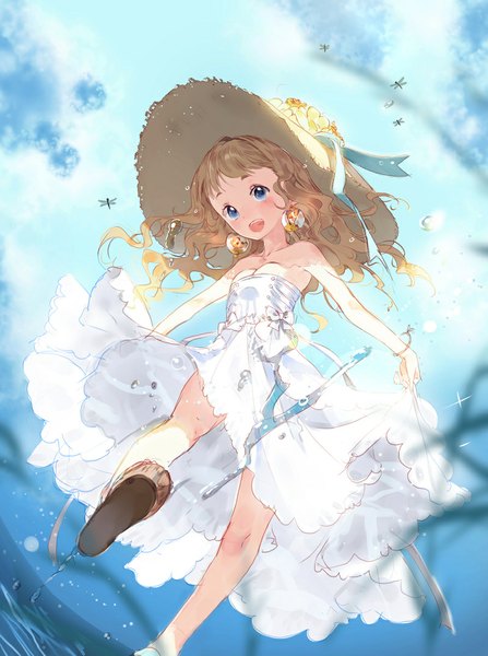 Anime picture 800x1072 with original macciatto (aciel02) single long hair tall image looking at viewer fringe open mouth blue eyes light erotic blonde hair smile bare shoulders sky happy standing on one leg reflection wavy hair girl dress