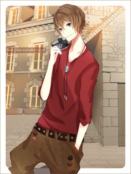 Anime picture 1143x1513 with original hiiro (artist) single tall image looking at viewer short hair blue eyes brown hair light smile inscription border hand in pocket fashion pendant building (buildings) buttons house camera