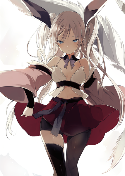 Anime picture 700x984 with original lpip single long hair tall image looking at viewer blush fringe blue eyes simple background hair between eyes standing white background twintails silver hair wide sleeves shadow thigh gap skirt lift upskirt