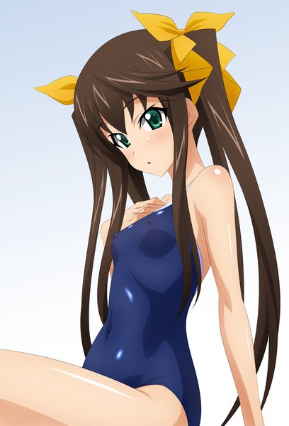 Anime picture 1131x1662 with infinite stratos 8bit fang linyin wave ride single long hair tall image light erotic brown hair twintails green eyes girl bow swimsuit hair bow
