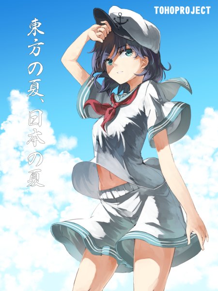 Anime picture 900x1200 with touhou murasa minamitsu ibuki notsu single tall image looking at viewer short hair blue eyes black hair cloud (clouds) wind inscription hand on head girl navel shorts sailor suit white shorts