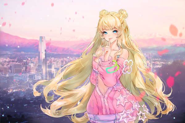 Anime picture 4000x2665 with code: dragon blood su ongi black joa single long hair looking at viewer blush fringe highres blue eyes blonde hair smile standing bare shoulders payot absurdres sky outdoors wind off shoulder