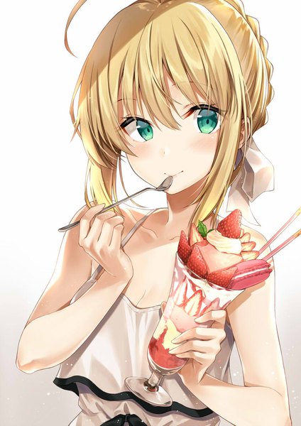 Anime picture 752x1063 with fate (series) fate/grand order artoria pendragon (all) saber lily kakao rantan single tall image blush fringe short hair breasts blonde hair simple background hair between eyes bare shoulders holding green eyes payot looking away cleavage