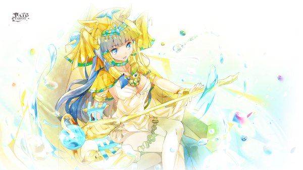 Anime picture 1920x1082 with puzzle & dragons isis (p&d) heco (mama) single long hair fringe highres open mouth blue eyes simple background blonde hair wide image white background sitting holding looking away cleavage lipstick outstretched arm blue lipstick