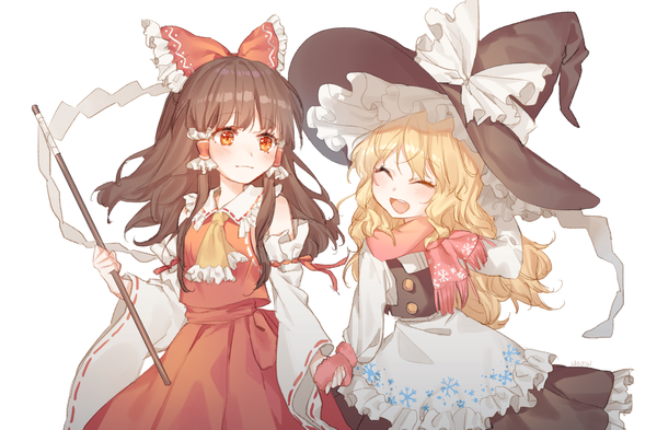 Anime picture 1836x1204 with touhou hidden star in four seasons hakurei reimu kirisame marisa hajin long hair highres open mouth blonde hair smile red eyes brown hair white background bare shoulders multiple girls payot eyes closed wide sleeves holding hands wavy hair